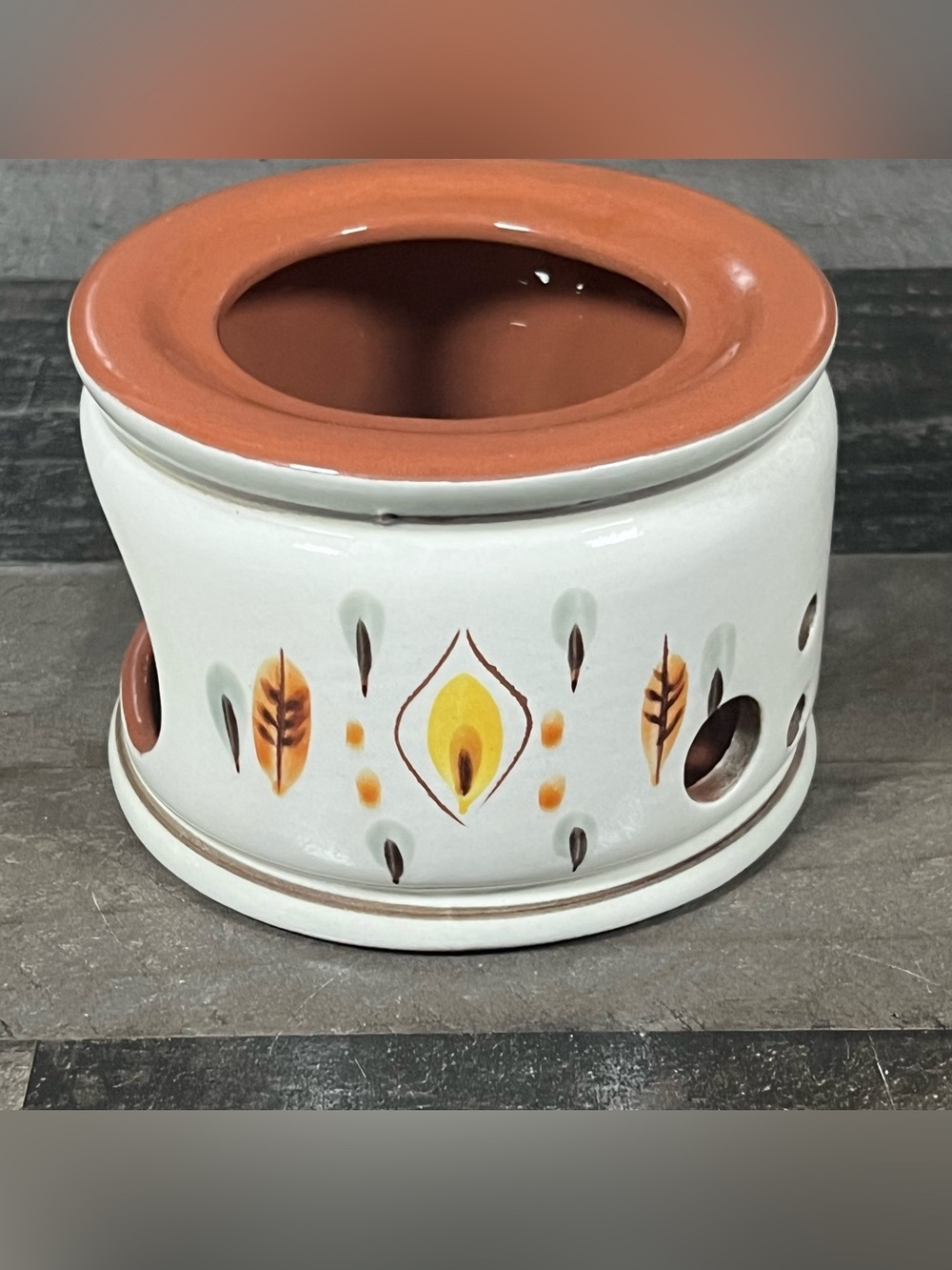 Stangl Pottery Ceramic Tea Light Candle Teapot Plate “Amber Glo” Warmer Stand